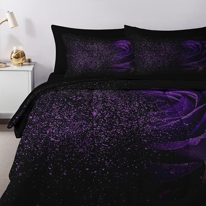 Nesker Comforter Set Full Size, Purple Rose 7 Pcs Bedding for Kids and Adults, Fantasy Dream Flower Bed Sheet Sets with Fitted Sheet 2 Pillowcases & 2 Shams