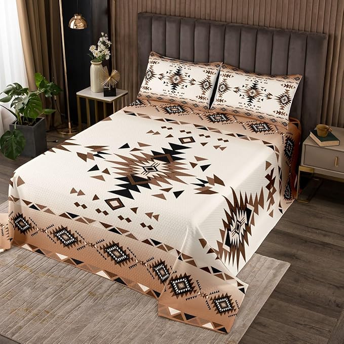 Geometric Aztec Kids Bedspread Queen Size,Western Cowboy Arrow Rustic Farmhouse Coverlet Set,Boys Girls Room Decor,Southwest Boho Tribal Quilted Coverlet,Brown Retro Bedding Quilt,2 Pillowcases