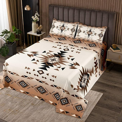 Geometric Aztec Kids Bedspread Queen Size,Western Cowboy Arrow Rustic Farmhouse Coverlet Set,Boys Girls Room Decor,Southwest Boho Tribal Quilted Coverlet,Brown Retro Bedding Quilt,2 Pillowcases