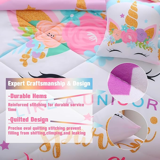 JQinHome Unicorn Queen Bedding Sets for Girls Kids,8 Piece Bed in A Bag 3D Colorful Flower Girl Unicorn Comforter Set with Sheet Set(Sparkle)