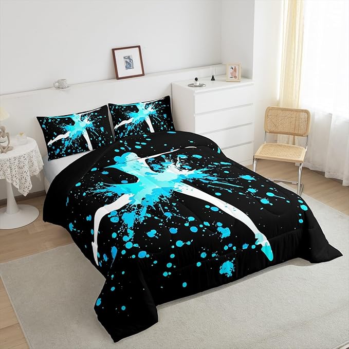 Erosebridal Girls Gymnastics Bedding Set for Gymnast Kids Boys Teens Blue Tie Dye King Size Comforter Set Gymnastics Lovers Down Comforter Dance Room Decor Gymnastics Sport Game Duvet Set, Black