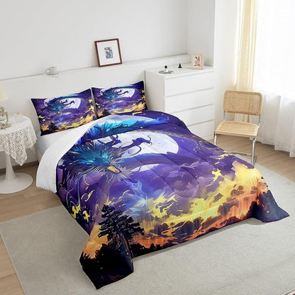 Fire Dragon Comforter Set Full Size,Moon Starry Sky Bedding Set 3Pcs,Kids Boys Girls Room Decor Fantasy Style Magical Animals Theme Quilt Set Volcano Purple Nebula Printed Duvet Insert,2 Pillowcases