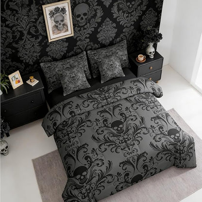 Erosebridal Gothic Damask Bed in a Bag King Size Comforter Set 7 Pieces,Sugar Skull Bedding Sets Black Grey Victorian Floral Goth Sheet Set with Comforter