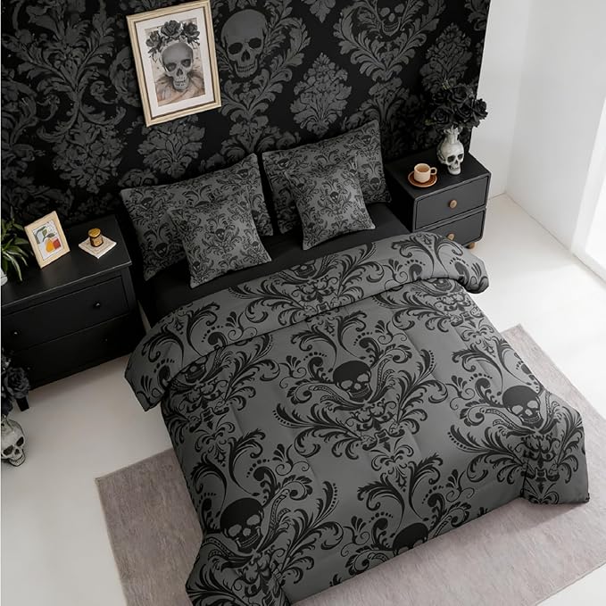 Erosebridal Gothic Damask 7 Piece Comforter Set Full Bed in a Bag,Sugar Skull Bedding Sets Black Grey Victorian Floral Goth Sheet Set with Comforter