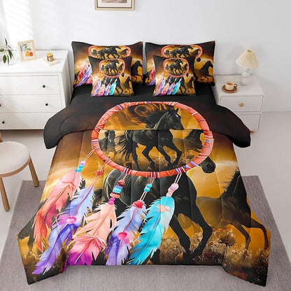 Erosebridal Horse Comforter Set 7 Piece Bed in a Bag Twin,Dream Catchers Feather Bedding Sets Western Animals Sheet Set with Comforter
