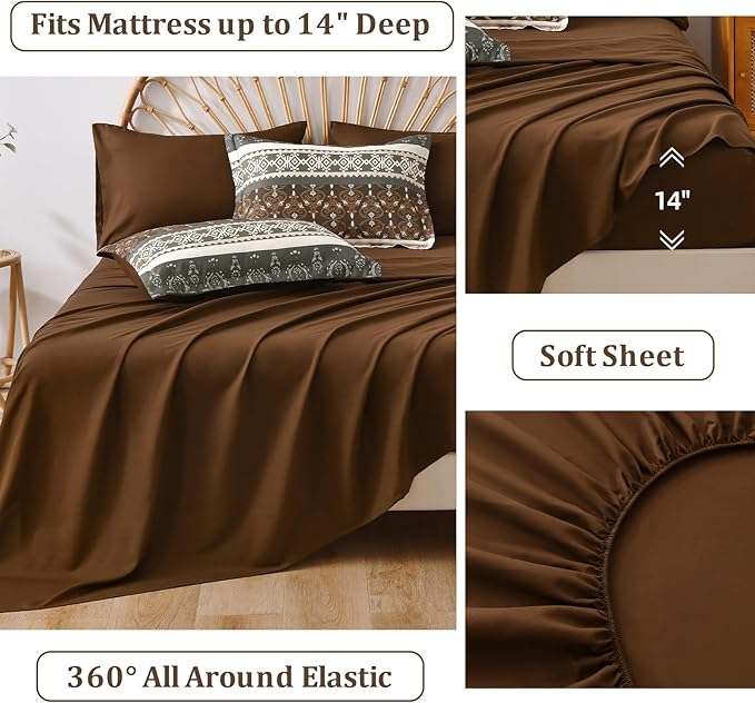 WONGS BEDDING Boho Comforter Set Queen, 7 Pieces Brown Comforter Bedding Set,Bohemian Paisley Floral Bed in a Bag,Soft Microfiber Striped Comforter Bedding Sets for All Season