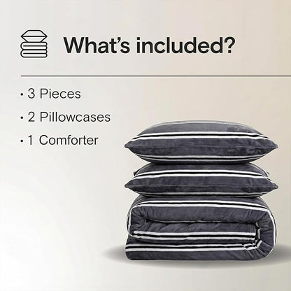 Bedbay Grey Striped Bedding Comforter Set Queen Size Luxury Velvet Fleece Comforter Set 3 Pcs Fluffy Plush Flannel Bedding Set Cozy Reversible Fleece Soft Warm Shaggy Faux Fur Bed Set All Season