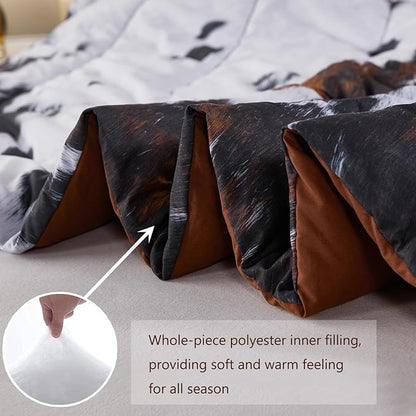PERFEMET Queen Comforter Set 3 Pieces Cow Print Bedding Set Western Farmhouse Rustic Bed Comforter Set Black White Brown Cowhide Quilt Set