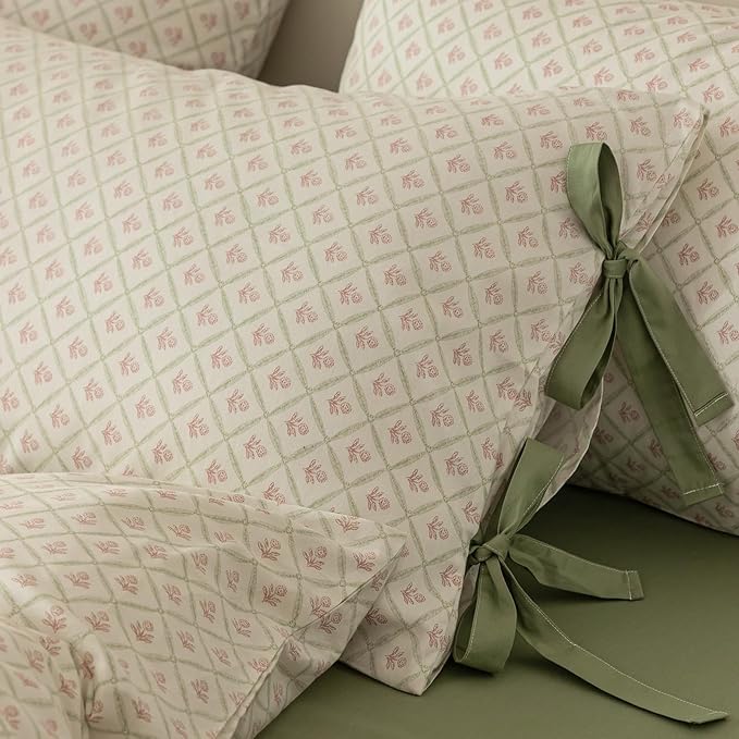HighBuy Aesthetic Floral Comforter Set Twin XL Pink Flowers Grid Coquette Bedding Comforters Set Fluffy for Kids Girls Twin XL Bed 1 Boho Chic Comforter 2 Bowknot Bow Tie Pillowcases