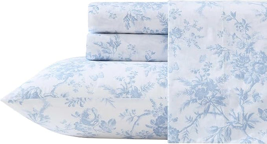 Laura Ashley - Full Sheet Set, Crisp & Cool Cotton Percale Bedding with Deep Pockets, Lightweight for Year Round Comfort, Bed Sheets with Matching Pillowcases (Walled Garden Blue)