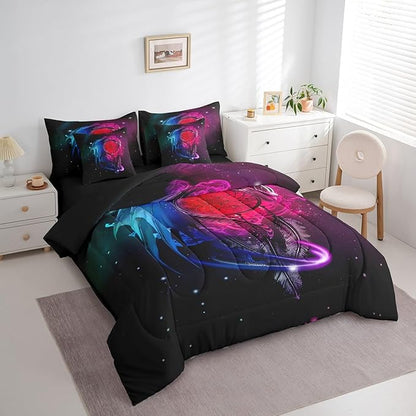 Erosebridal Gothic Dragon Dream Catchers Comforter Set 7 Piece Bed in a Bag Twin,Purple Blue Galaxy Bohemian Feather Bedding Sets Antique Animal Pterosaur Sheet Set with Comforter