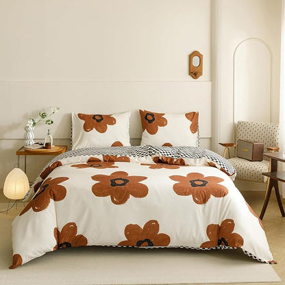 KAREVER Pumpkin Floral Comforter Full White with Pumpkin Flower Bedding Set 3 PCs Comforter Set Full Size Comforter (80x90 Inches) with 2 Pillowcases (26x26 inches)