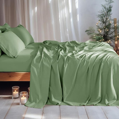 LBRO2M 100% Pure Linen Sheet Set Deep Pocket Up to 16" Bed Sheets Sets, Natural Flax Beddings Soft, Breathable, Comfortable for All Seasons 6 Pcs Sheet Set King Size, Green
