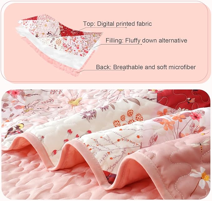 Whale Flotilla Patchwork Quilt Twin Size, Extra Soft Boho Floral Bedspreads for Bed Reversible Lightweight Twin Quilt Bedding Set Printed Coverlets with 1 Pillow Sham for All Seasons, Red