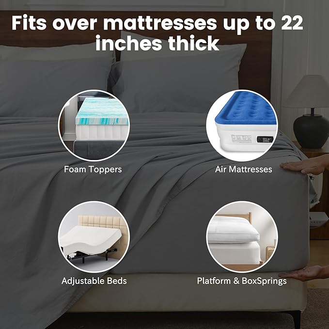 Bedlifes 100% French Linen Sheets King Size 18-24”Extra Deep Pocket 4-Piece Set Breathable & Moisture-Wicking,Soft & Durable Sheets for Thick Mattresses(Grey)