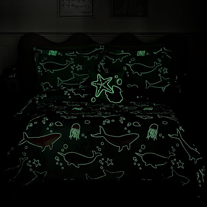 Full Size Comforter Set for Girls-4 Pieces Ocean Animals Glow in the Dark Full Bedding Sets for Kids, 1 Comforter, 2 Shams and 1 Decor Pillow