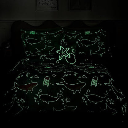 Full Size Comforter Set for Girls-4 Pieces Ocean Animals Glow in the Dark Full Bedding Sets for Kids, 1 Comforter, 2 Shams and 1 Decor Pillow