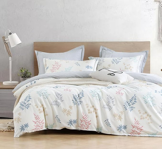 White Cotton Comforter Queen Size 3Pcs - Blue, Beige and Blush Botanicals Pattern on White, Gray Grid Back, Reversible Lightweight Bedding Sets with Soft Fill(Queen, 90"×90")