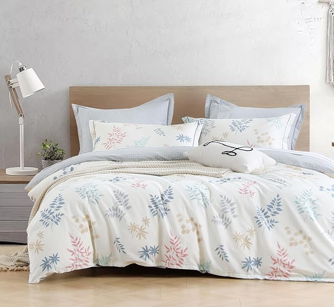 White Cotton Comforter Twin Size 2Pcs - Blue, Beige and Blush Botanicals Pattern on White, Gray Grid Back, Reversible Lightweight Bedding Sets with Soft Fill(1 Comfoter, 1 Pillowcase)