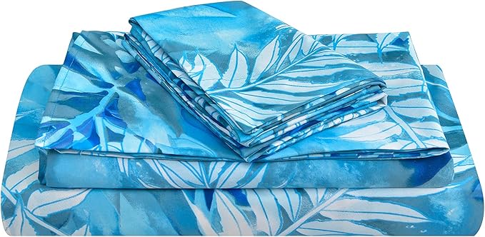 JSD Blue Tropical Leaves Print Sheet Set Queen, 4 Piece Soft Pattern Microfiber Bed Sheets Extra Deep Pocket