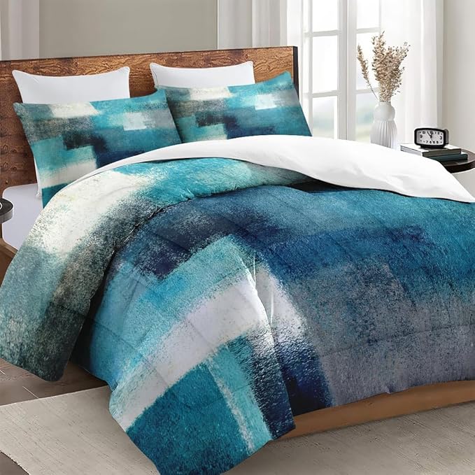 Queen Size Comforter Set with 2 Pillowcases, Painting Contemporary Teal Turquoise Grey Soft 3 Pcs Bedding for Kids and Adults Bedroom Bed Decor