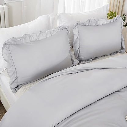 Litanika Light Grey Queen Comforter Set, 3 Pieces Ruffle Farmhouse Aesthetic Bedding Comforter Set, All Season Soft Lightweight Fluffy Microfiber Bed Set(90x90In Comforter, 2 Pillowcases)
