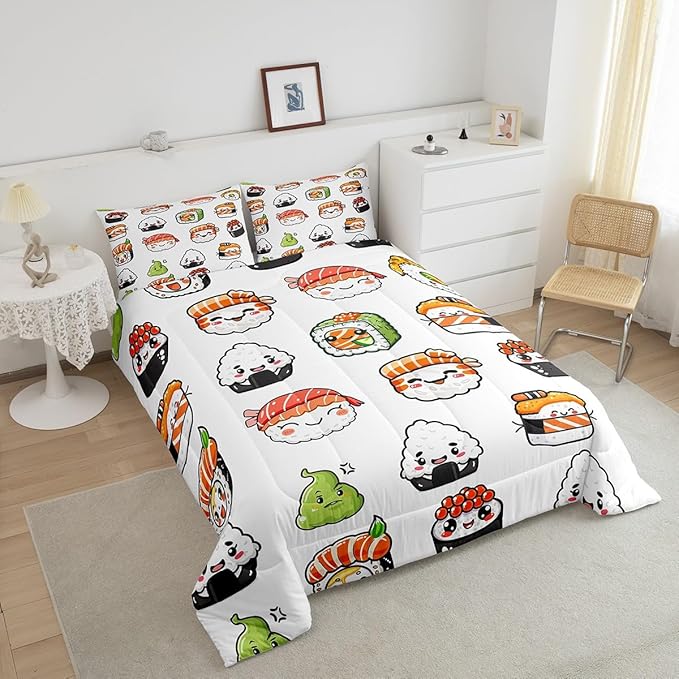 Feelyou Sushi Pattern Comforter Set Japanese-Style Bedding Set for Kids Boys Girls Teens Food Theme Comforter Cute Cartoon Japanese Sushi Duvet Set Room Decor Quilt Set Full Size Microfiber
