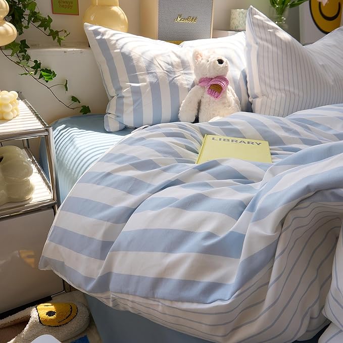 Blue Striped Full Size Duvet Cover Boho Soft Full Comforter Cover Reversible Farmhouse Cute College Duvet Cover Set with Hidden Zipper Dorm Bedding for Boys Washed Microfiber Duvet Protector