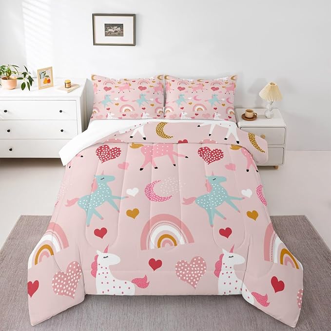 Feelyou Girls Unicorn Comforter Set Full Size Kids Cute Pink Rainbow Horse Decor Comforter for Unicorn Lover Daughter Bedding Set Boho Star Moon Duvet Set (1 Comforter + 2 Pillowcases, Full)