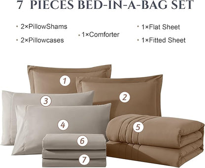 Monbix Full Comforter Set - 7 Pieces Umber Bed in a Bag Full Size Bedding Sets with Comforters, All Seasons Comforter with Sheets, Pillowcases & Shams
