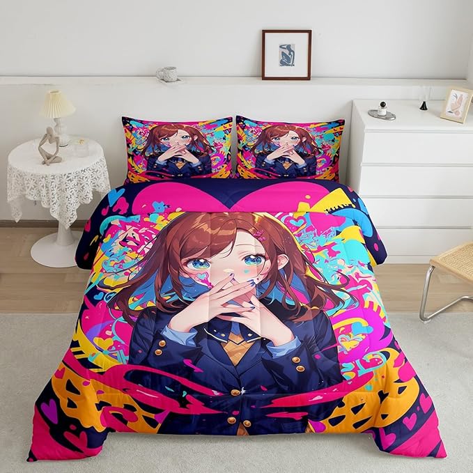 Erosebridal Anime Girl Queen Bedding Set, Japanese Anime Comforter Set 3 Piece for Kids Girls Teens Adult Bedroom Decor, Cartoon Girl Quilt Kawaii Japanese Animation Bedding Comforter Sets