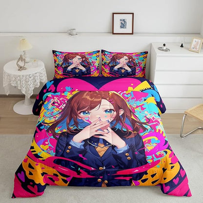 Erosebridal Anime Girl Twin Bedding Set, Japanese Anime Comforter Set 3 Piece for Kids Girls Teens Adult Bedroom Decor, Cartoon Girl Quilt Kawaii Japanese Animation Bedding Comforter Sets