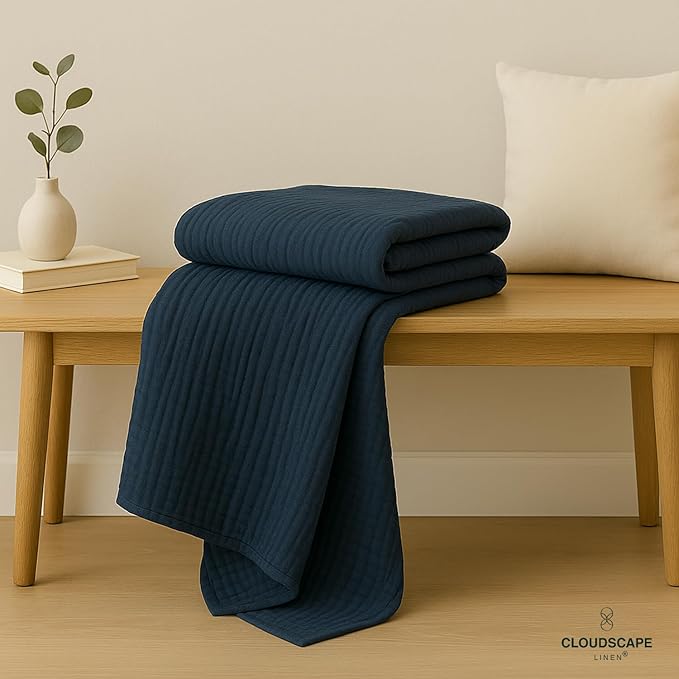 CLOUDSCAPE 100% Cotton Muslin Throw Blanket for Adults - 4 Layer 50x70 Oversized Breathable Gauze Bedding, All Season Spring Gifting, Cozy Lightweight Throw for Sofa, Couch, Home Decor -Ensign Blue