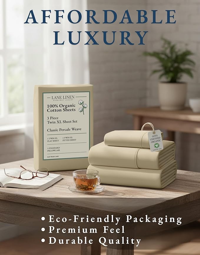 LANE LINEN Twin XL Sheets Set, 100% Mercerized Organic Cotton Twin XL Bed Sheets Set with sily Touch Finish, Soft and Comfy Fully Elasticized Percale Weave Low Pilling XL Twin Sheets Set -Linen