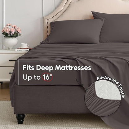 King Size Sheets Set, 4 Pieces Hotel Luxury Soft Microfiber Bed Sheets Set, Up to 16" Deep Pockets, Oeko-Tex Sheets with Elastic, Breathable, Wrinkle Free(Dark Gull Gray,King)