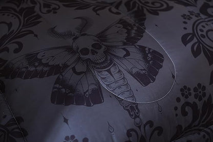 Feelyou Adults Gothic Comforter Set Full Size Dark Olive Green Damask Comforter Death Moth Bohemia Boho Bedding Set Goth Skull Duvet Set Vintage Victorian Baroque Floral Quilt Set 3Pcs