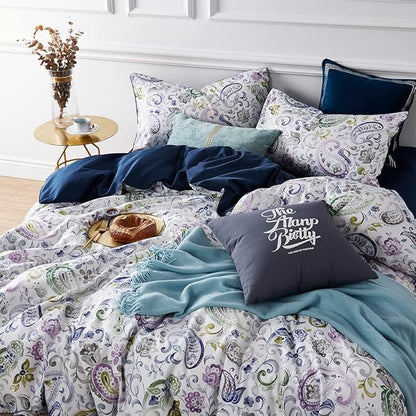 Cupocupa Duvet Cover Set, King, Microfiber, White Paisley Pattern, Boho Floral, 3 Pcs
