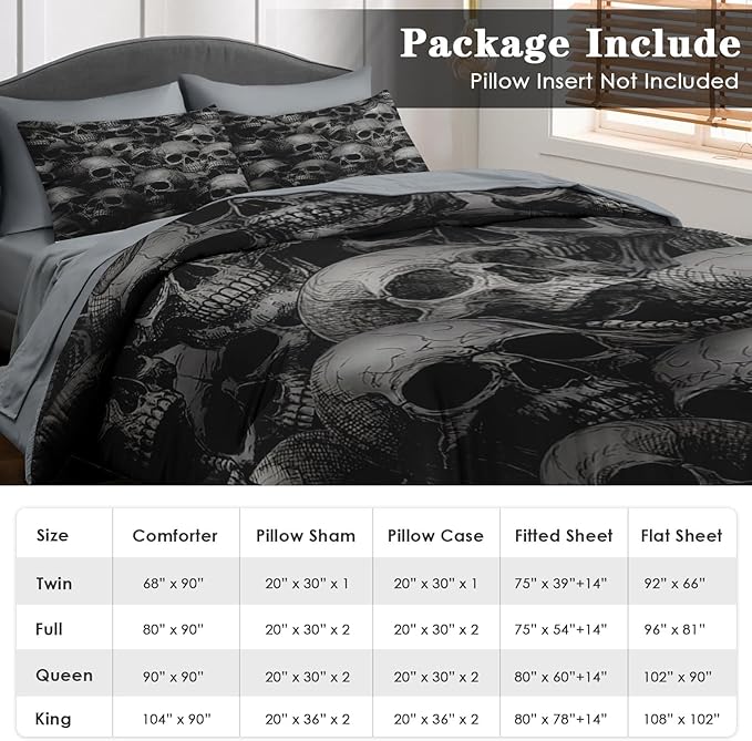 Comforter Set Queen Size, Skeleton Retro 7 Pcs Bedding for Adults, Spooky Horror Gothic Bed Sheet Sets with Fitted Sheet 2 Pillowcases & 2 Shams for Bedroom Bed Decor