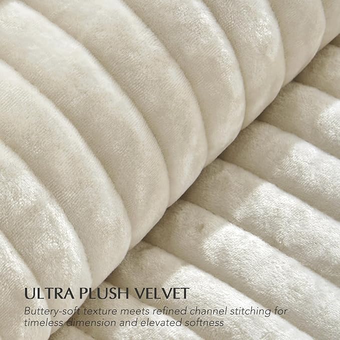 EVERGRACE Velvet Quilt Set California King 118'' x 106'', Luxurious Soft Striped Channel Bedding Set, Lightweight Velvet Comforter for All Season, Oversized Bedspread Coverlet w/ 2 Shams, Beige