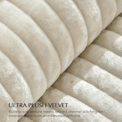 EVERGRACE Velvet Quilt Set Queen Size, Luxurious Soft Striped Channel Bedding Set, Lightweight Velvet Comforter for All Season, Oversized Bedspread Coverlet with 2 Matching Shams, Beige