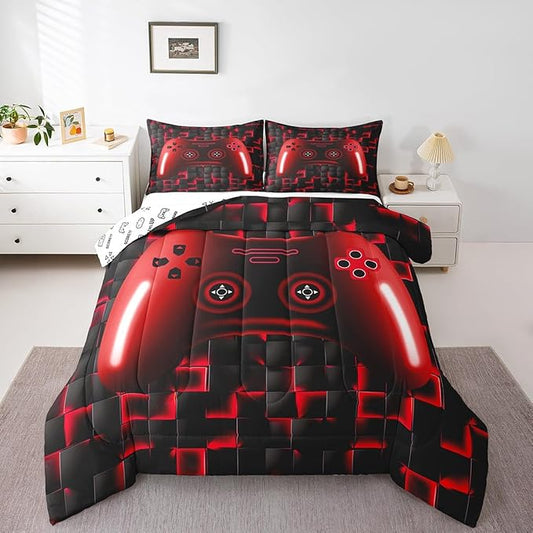 Erosebridal Full Gaming Bedding Sets for Boys Red Game Console Kids 3D Black Gamer Comforter Set with 2 Pillowcases for Boys Girls Teen Lightweight Geometric Gamepad Bedroom Set(Red, Full)