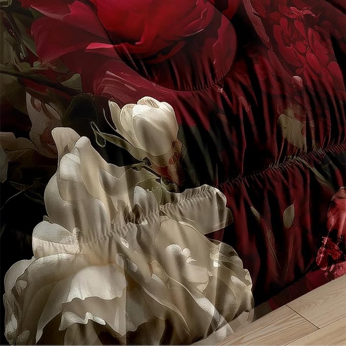 5Pcs Full Size Vintage Comforter Set for Women, Red and White Rose Bedding Set for Girls Room Decor, White Butterfly, 1 Comforter, 2 Pillowcases, 1 Fitted Sheet, 1 Flat Sheet
