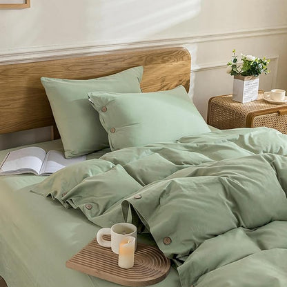 JELLYMONI Cotton Duvet Cover Cal King Size - Light Green Comforter Cover with Button 100% Washed Cotton 3PCS Breathable Soft Solid Bedding Set Duvet Cover 104×98in & 2 Pillowcases (NO Comforter)