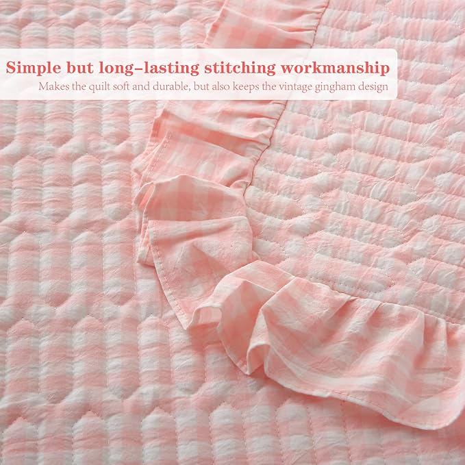 Blush White Ruffle Gingham Quilt Set Queen Size with 2 Pillow Shams, 100% Washed Cotton Yarn-Dyed Quited Bedspread Farmhouse Bedding Set (Blush, Queen) | 100% washed cotton, gingham quilts, ruffles
