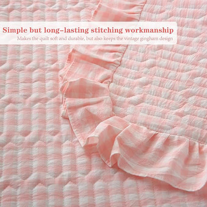 Blush White Ruffle Gingham Quilt Set Queen Size with 2 Pillow Shams, 100% Washed Cotton Yarn-Dyed Quited Bedspread Farmhouse Bedding Set (Blush, Queen) | 100% washed cotton, gingham quilts, ruffles