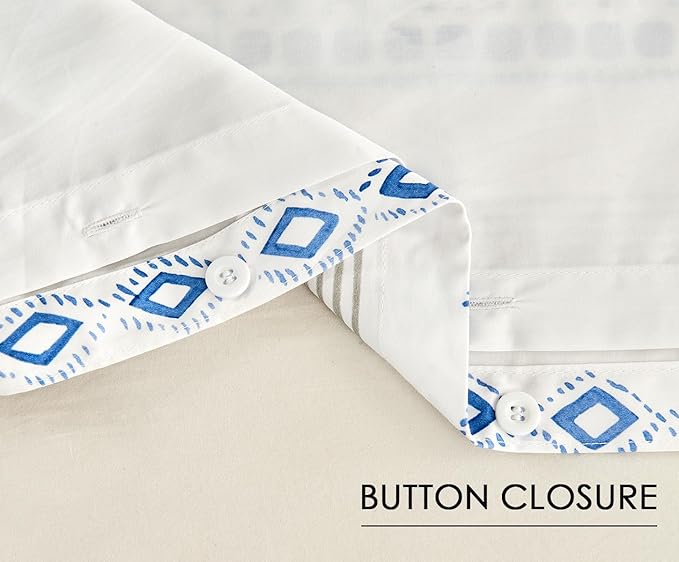 SLEEPBELLA Boho Queen Size Duvet Cover Set - Cotton Reversible Blue/White with Button Closure & Soft, Breathable Fabric