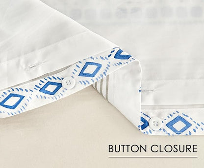 SLEEPBELLA Boho Queen Size Duvet Cover Set - Cotton Reversible Blue/White with Button Closure & Soft, Breathable Fabric