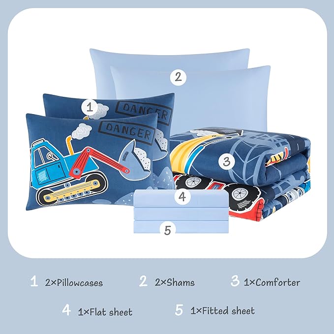 Full Kids Comforter Set - 7 Pieces Full Bedding Sets for Boys Teen, Glow in The Dark Truck Tractor Excavator Bed in A Bag with Sheets