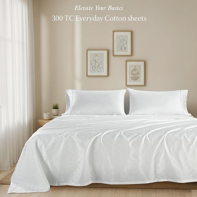 Threadmill Cotton Twin XL Sheet Set | 100% Cotton Sheets for Twin XL Size Bed | Damask Jacquard Sateen Twin XL Bed Sheets Set with 16” Deep Pocket | Soft Breathable 3-Piece Cooling Sheet Set | White