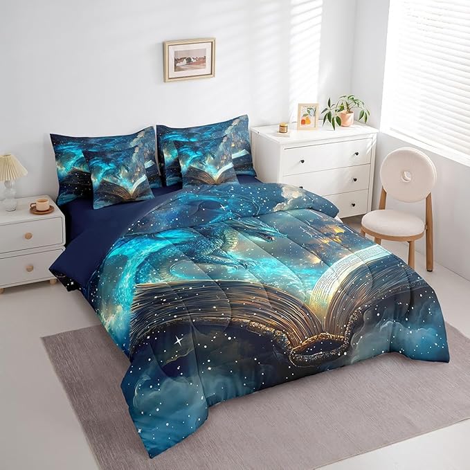 Flying Dragon Bed in a Bag Comforter Set,Magical Book Pattern King Size 7 Pieces for Kids Teens,Vintage Mid-Century Castle Bedding Set with Comforter, Sheet Set, Pillowcases, Pillow Covers